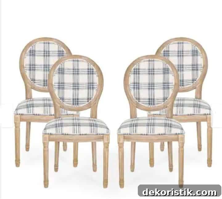 4 dining side chairs with navy and white plaid fabric