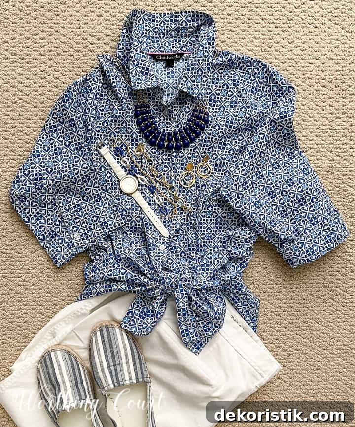 blue and white shirt with white pants, shoes and jewelry