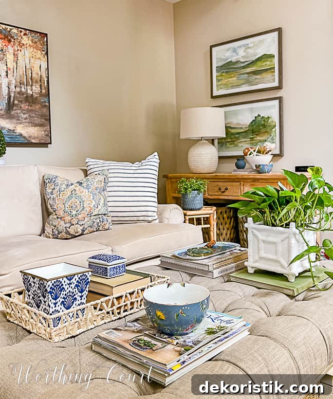 coffee table with blue and white summer accessories