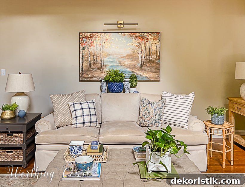coffee table and sofa table with blue and white accessories