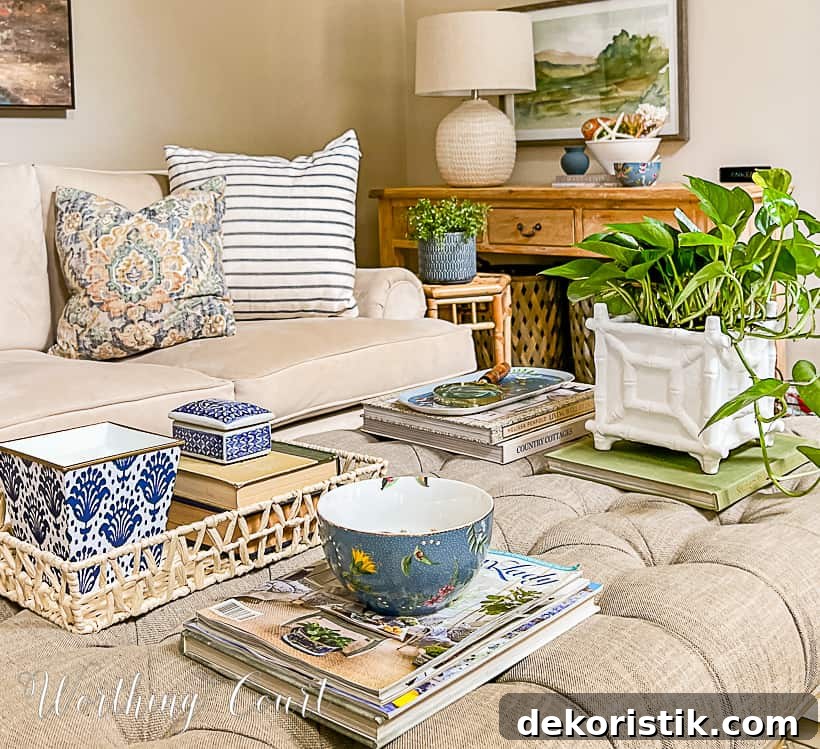 coffee table with blue and white summer accessories