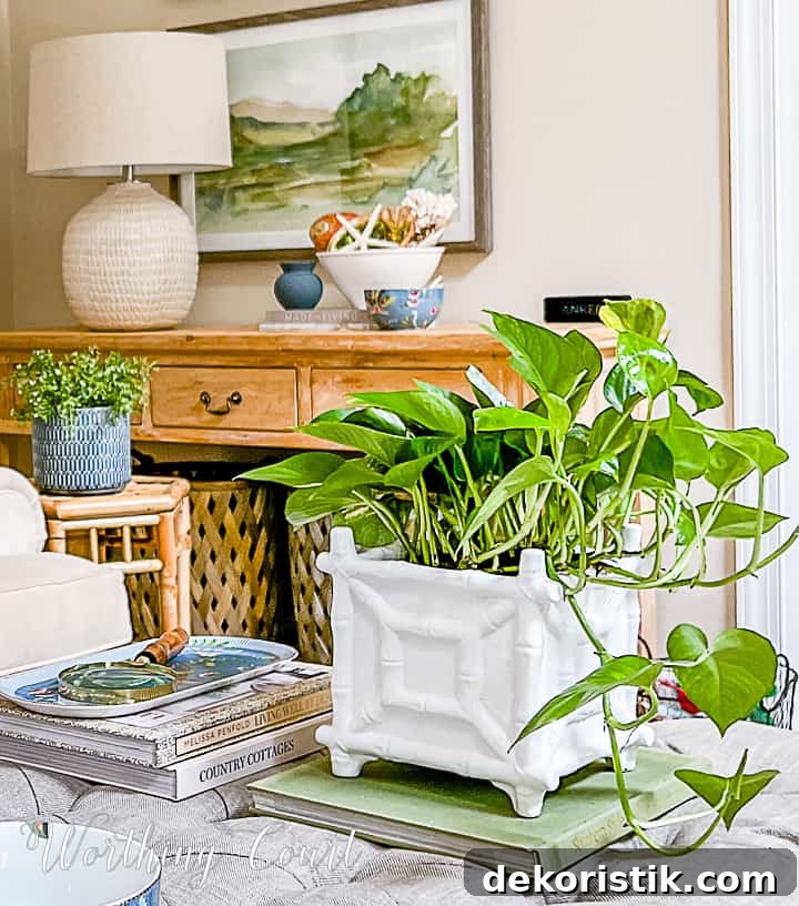 green plant in a white Chippendale style ceramic planter