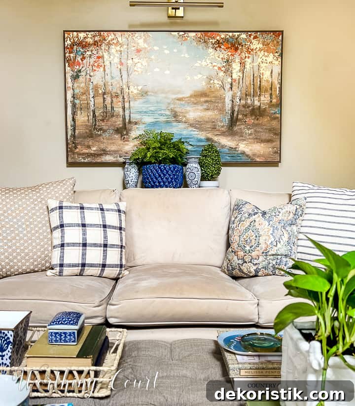 coffee table and sofa table with blue and white accessories