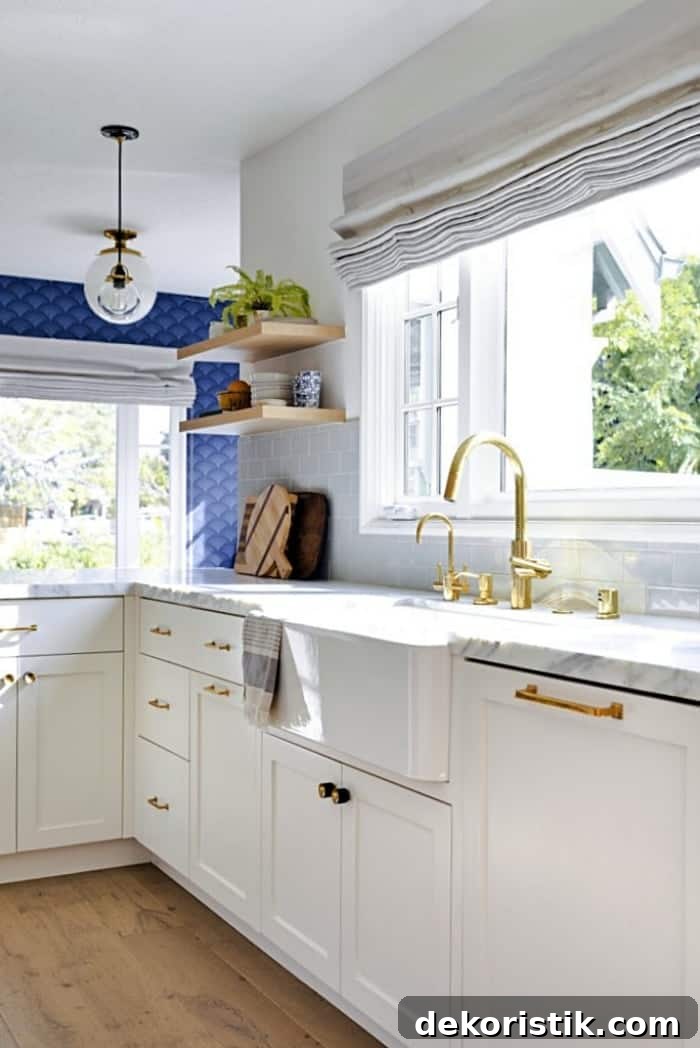 Blue and white beach style kitchen