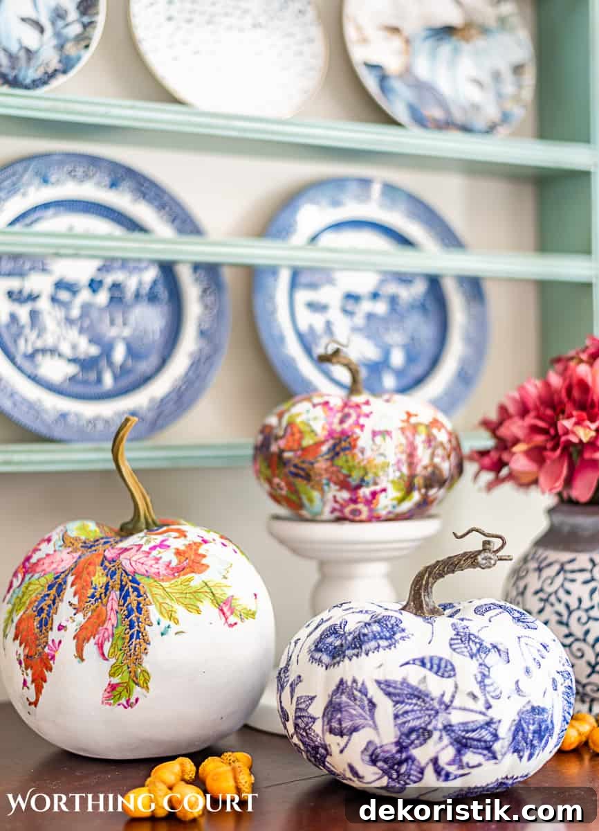 DIY Chinoiserie Pumpkins for Elegant Fall Decor 13 display of three diy chinoiserie pumpkins