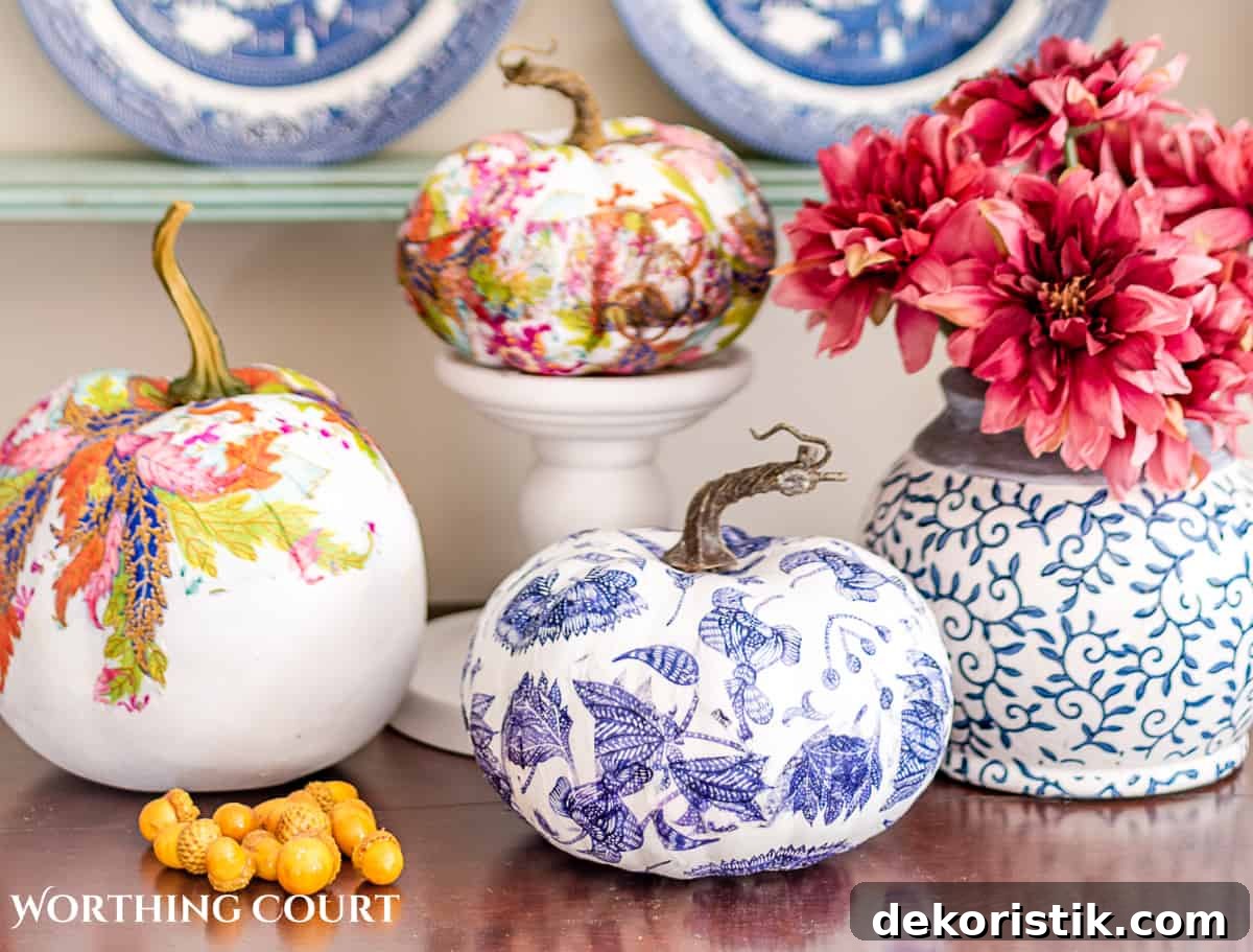 DIY Chinoiserie Pumpkins for Elegant Fall Decor 14 display of three diy chinoiserie pumpkins