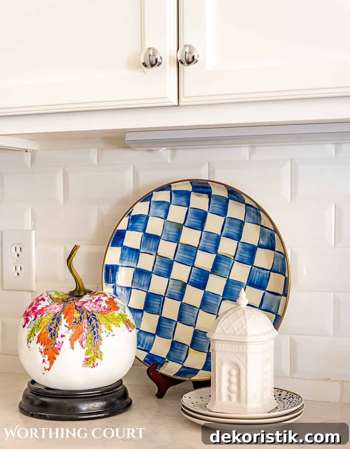 blue and white fall kitchen counter decorations