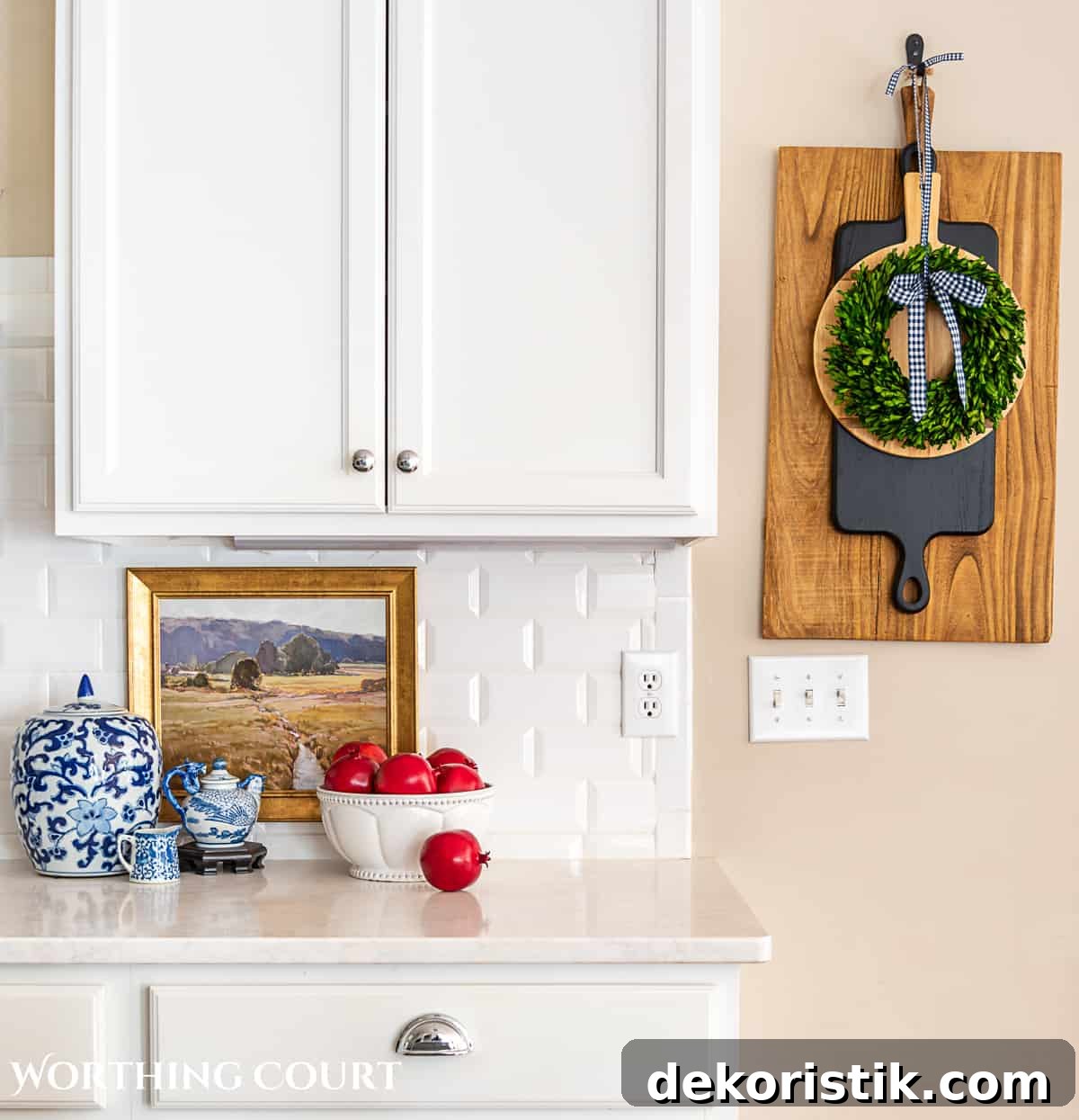 blue white and burgundy fall kitchen decorations