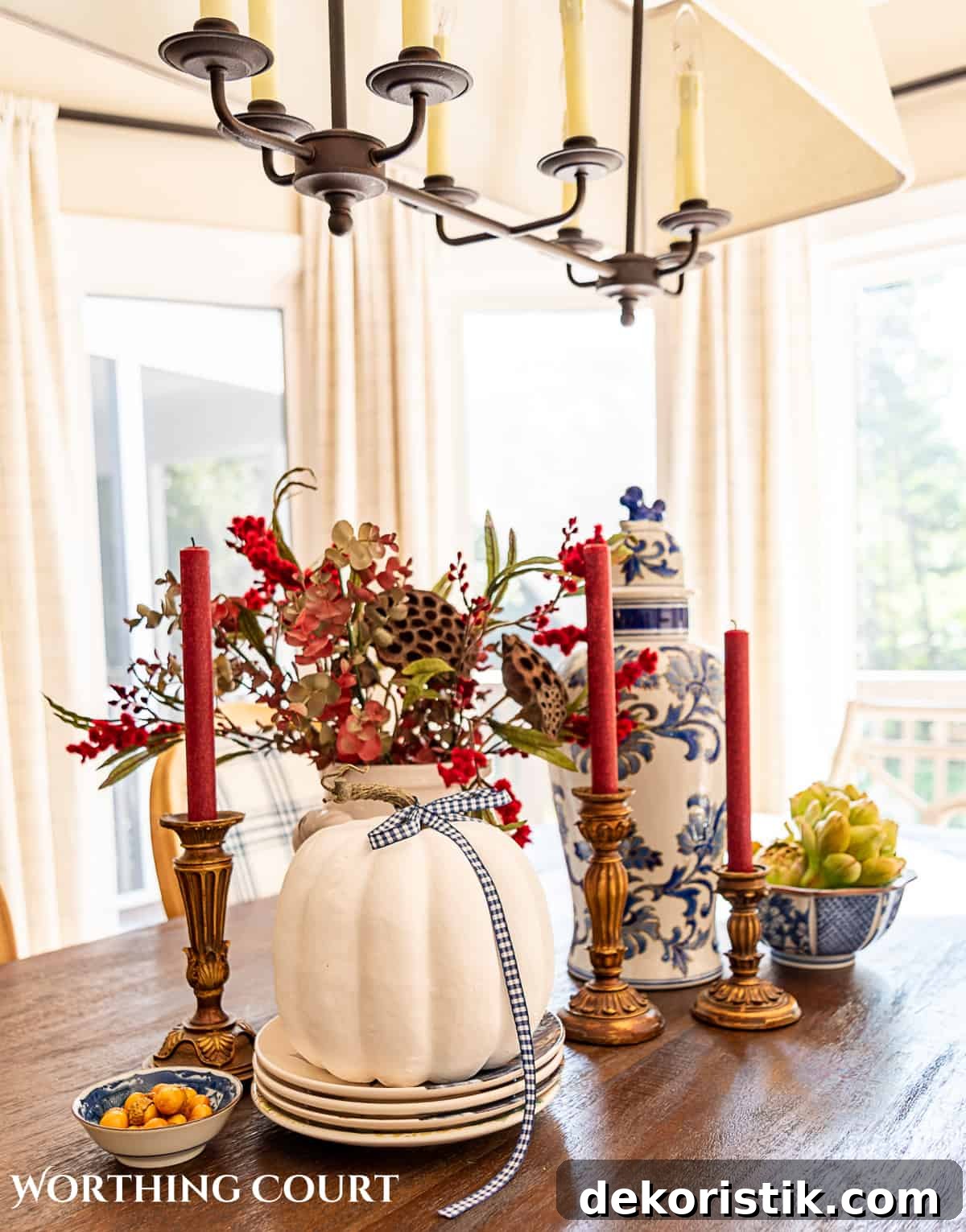 fall breakfast room table centerpiece with blue and burgundy decor