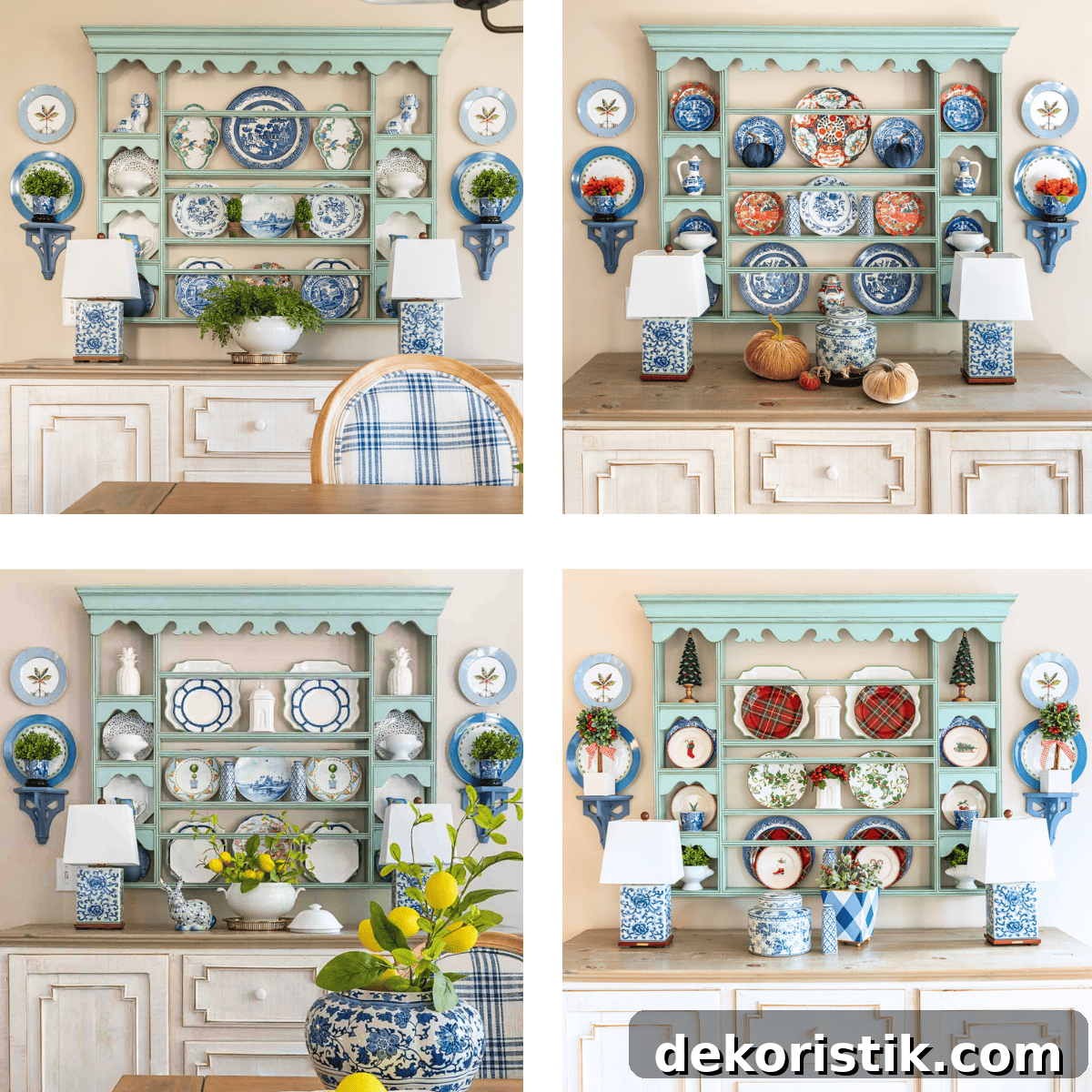 4 Examples of how to display decorative dishes on a plate rack for different holidays and seasons