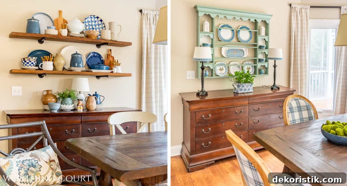 side by side image of wall withopen shelves and wall with decorated plate rack