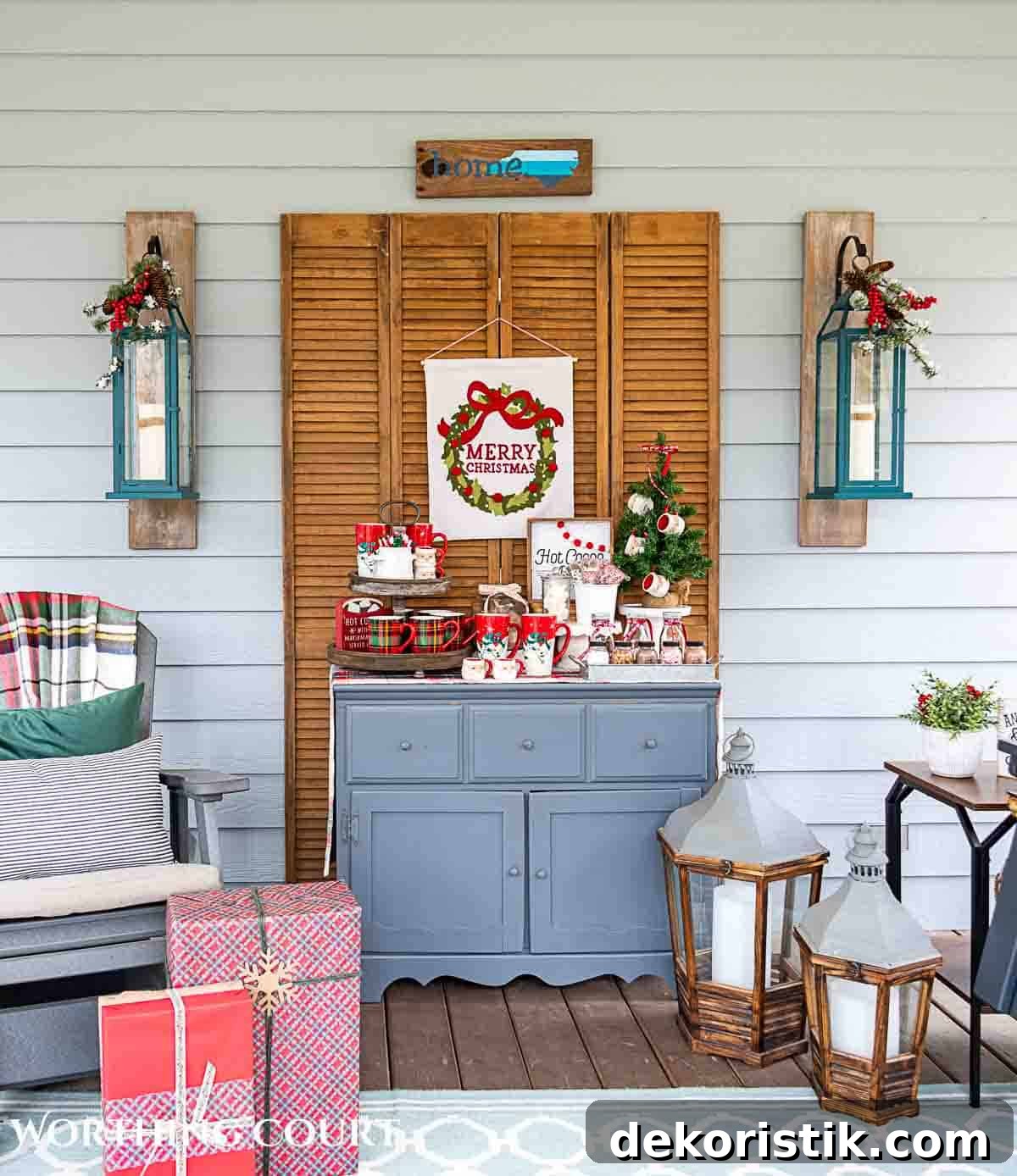 Christmas hot chocolate bar setup on a gray chest
