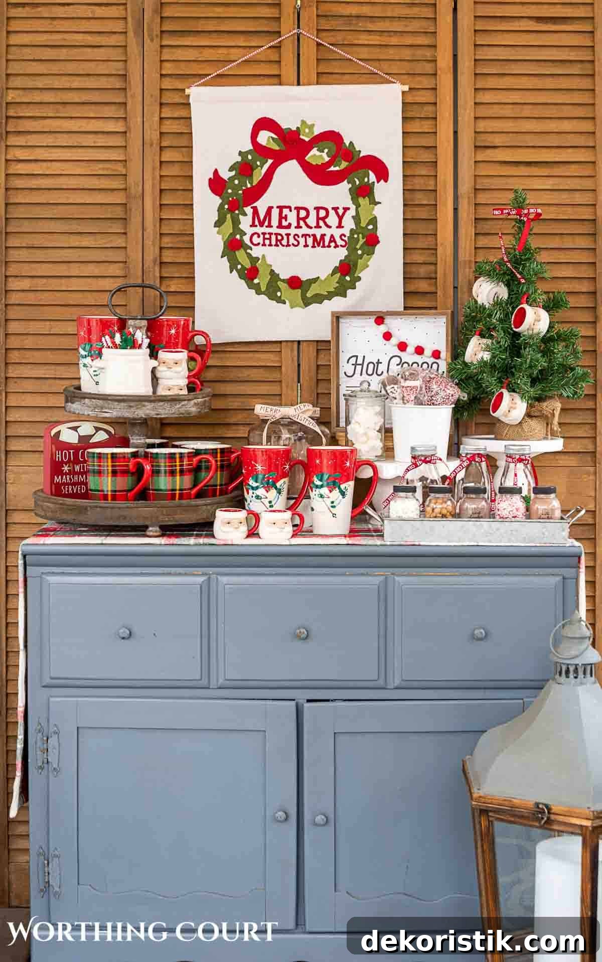 Christmas hot chocolate bar setup on a gray chest