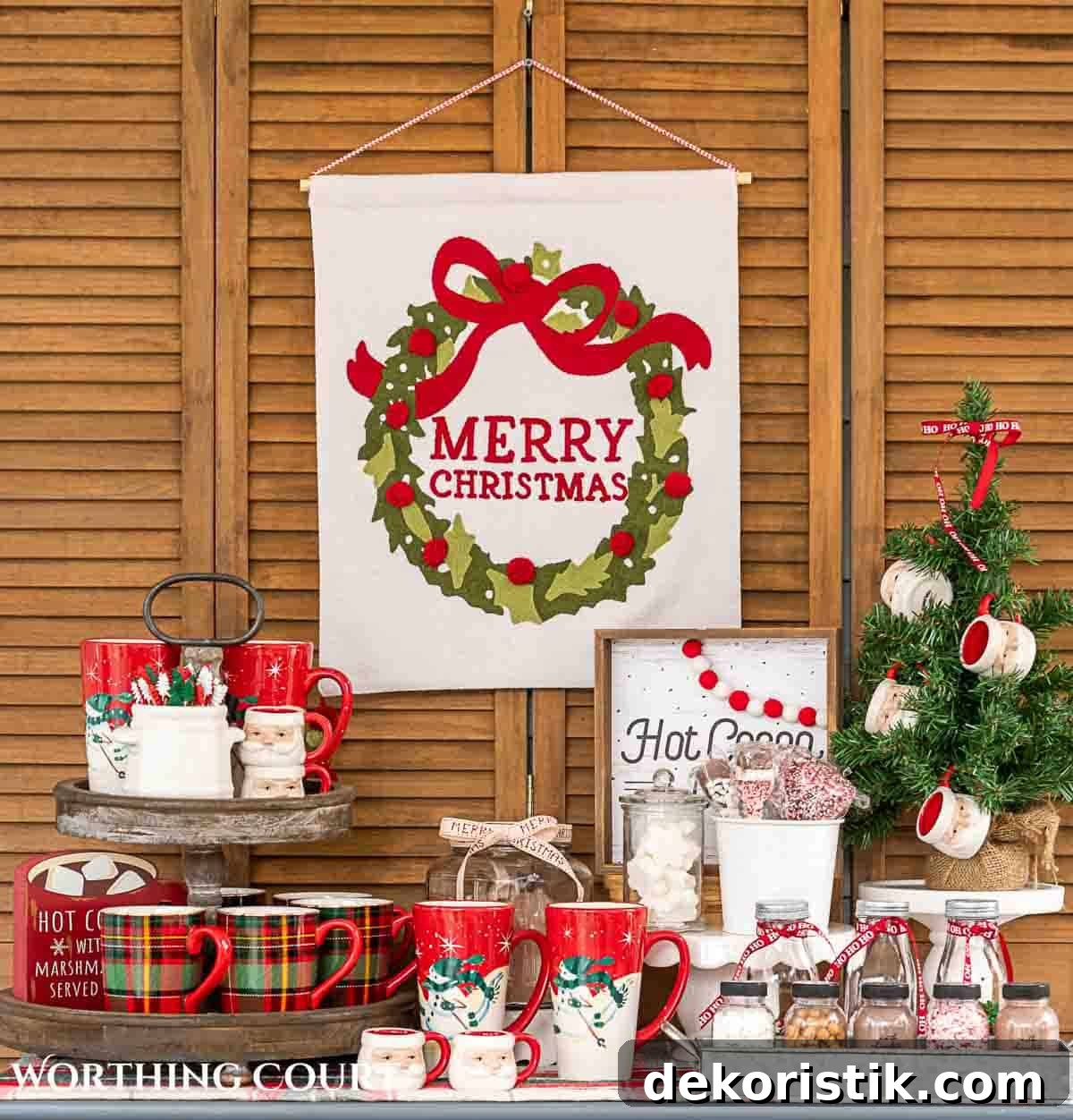 Christmas hot chocolate bar setup on a gray chest