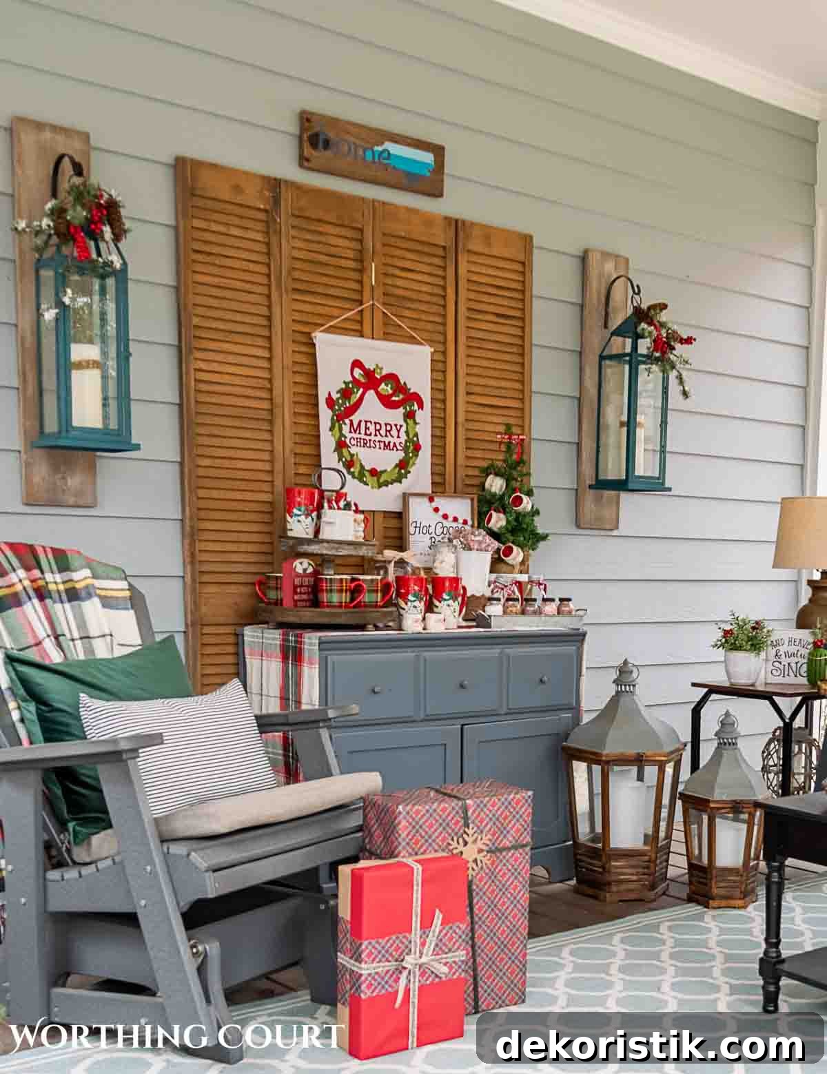 Christmas hot chocolate bar setup on a gray chest