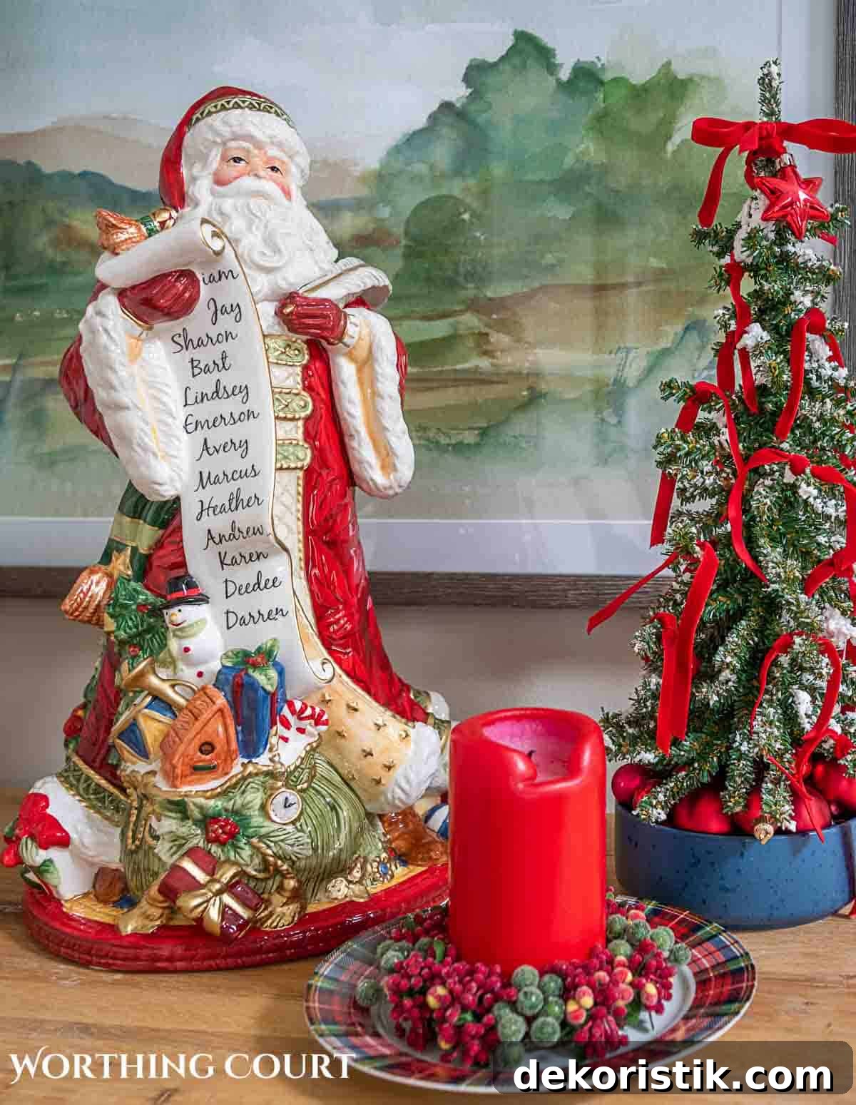 Christmas tree, fireplace and living room decorated for Christmas with red green and gold decorations