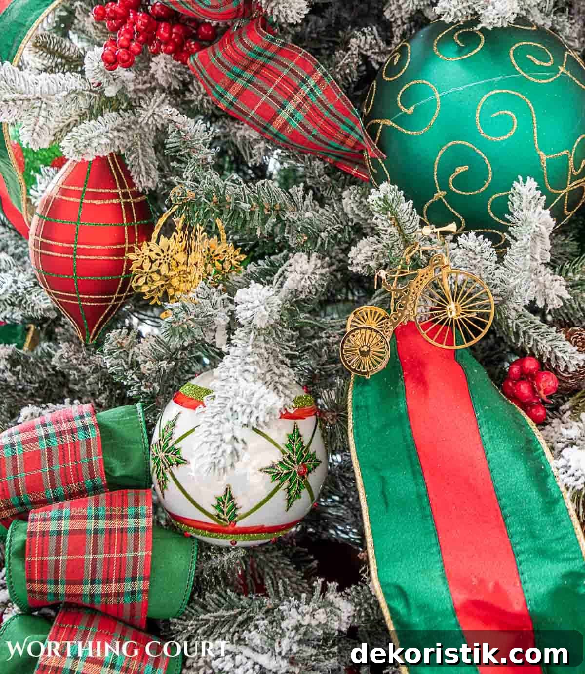 Christmas tree, fireplace and living room decorated for Christmas with red green and gold decorations