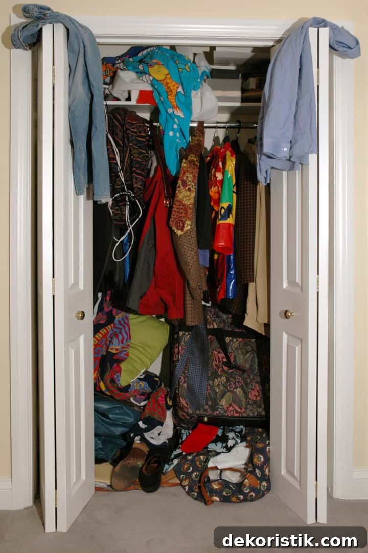 small closet with messy clothing that needs to be organized
