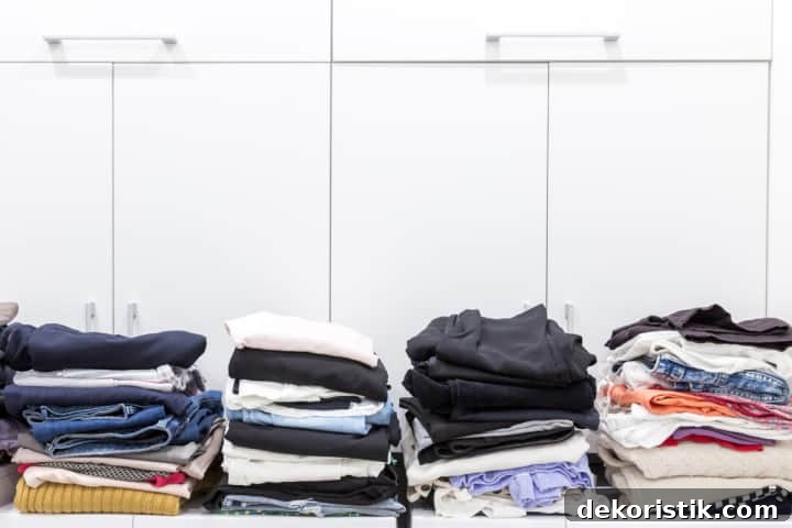 stacks of folded clothes ready to be organized in a closet