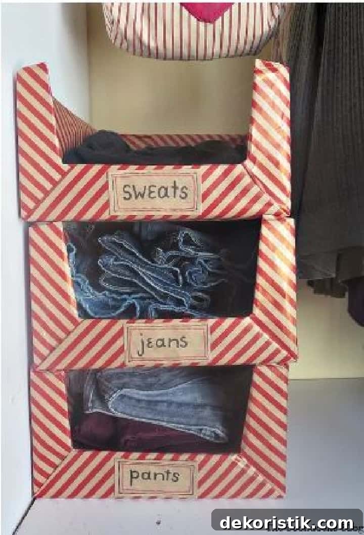 cardboard boxes covered with wrapping paper to use for small closet organization