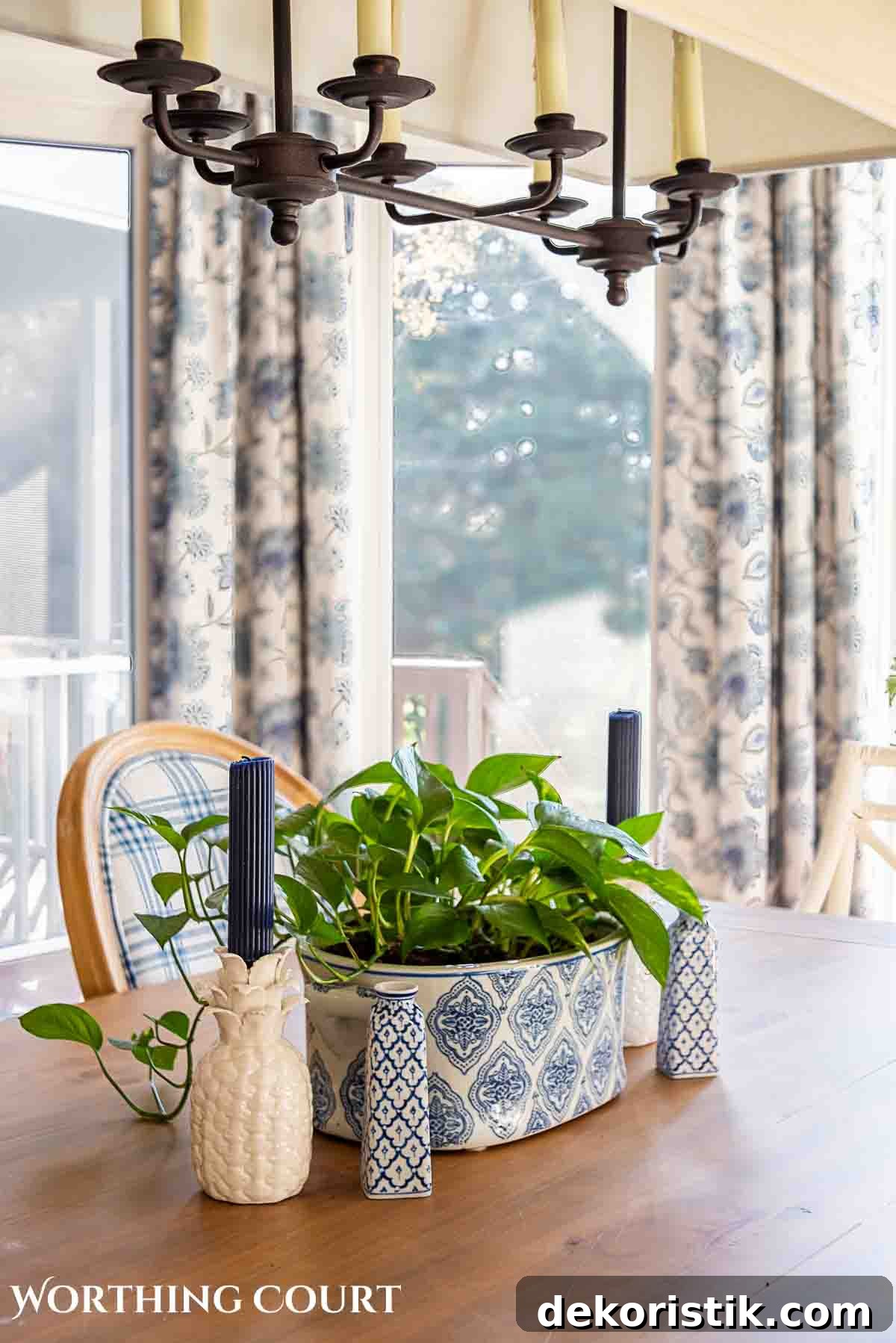 spring breakfast nook with blue and white accessories and cottage style furnishings