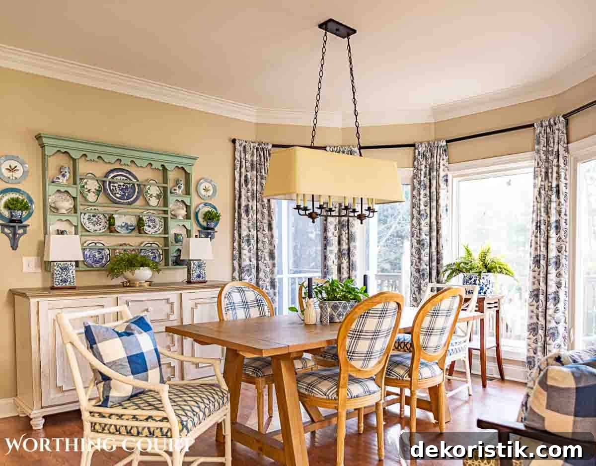 spring breakfast nook with blue and white accessories and cottage style furnishings