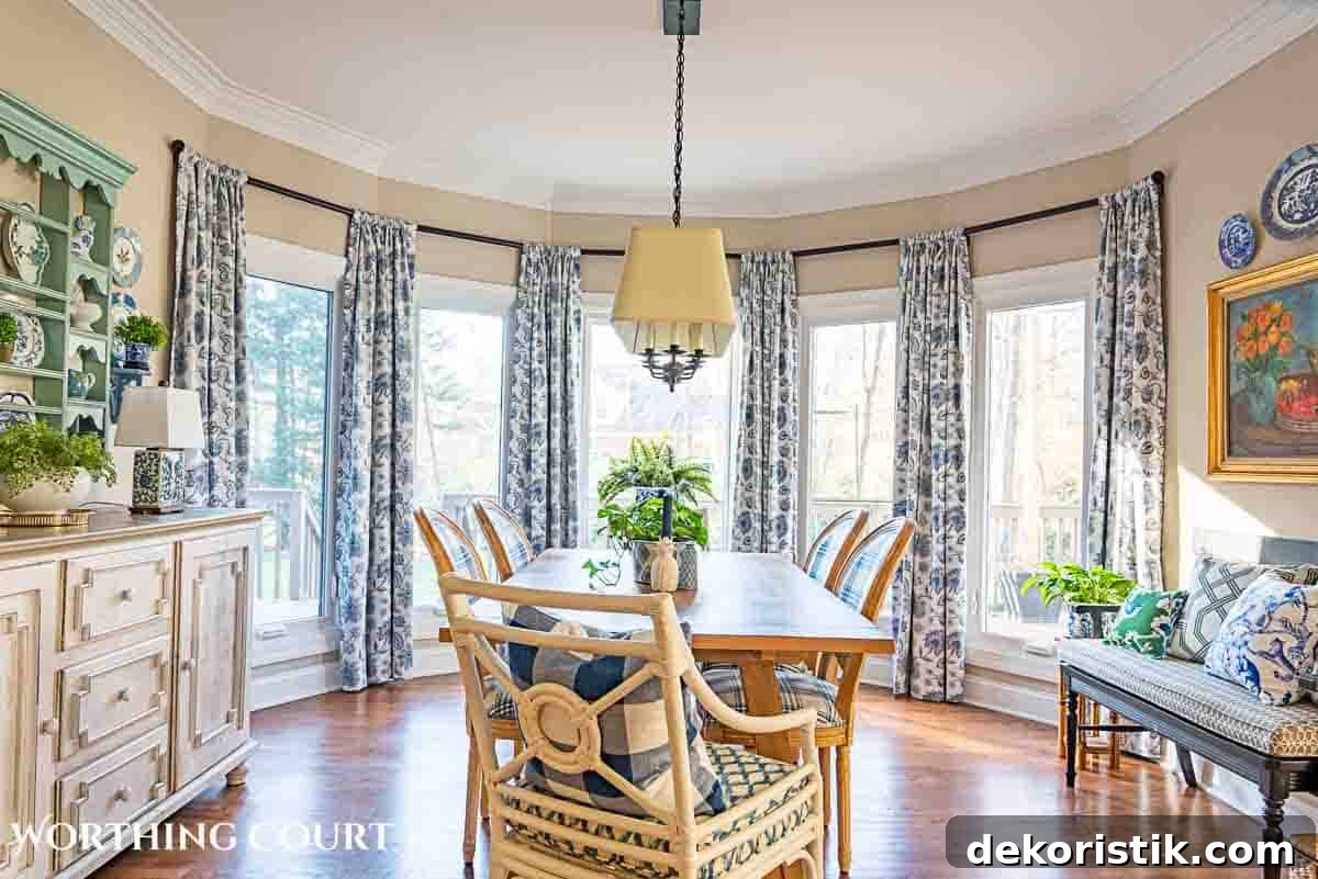 spring breakfast nook with blue and white accessories and cottage style furnishings