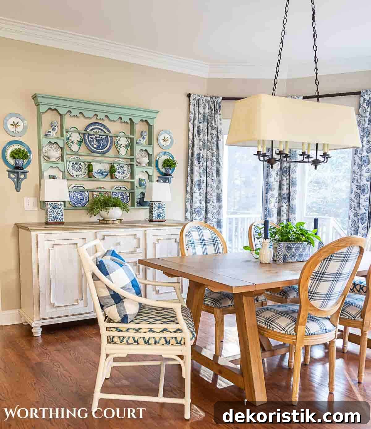 spring breakfast nook with blue and white accessories and cottage style furnishings