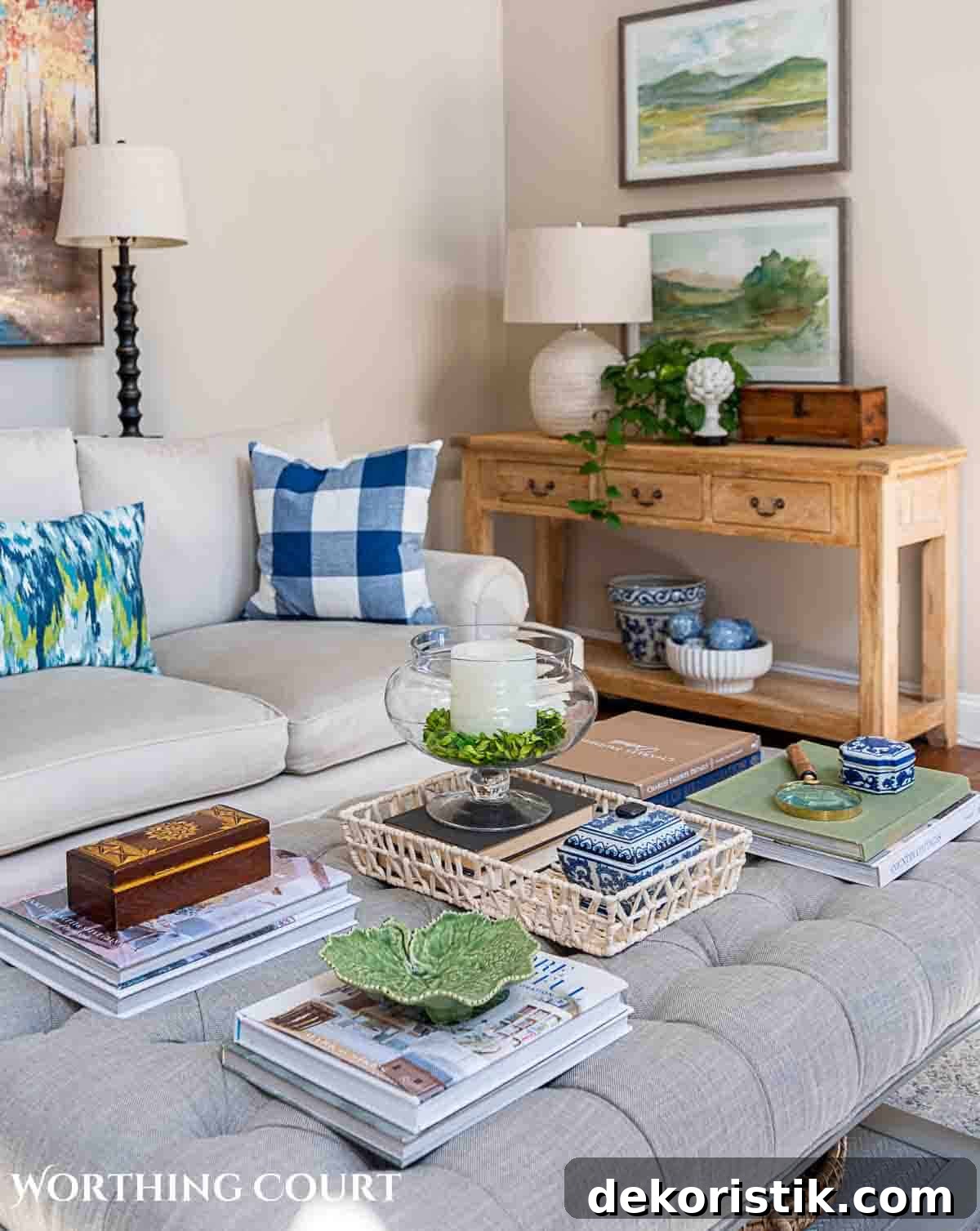 upholstered coffee table decorated with greenery and other accessories for spring