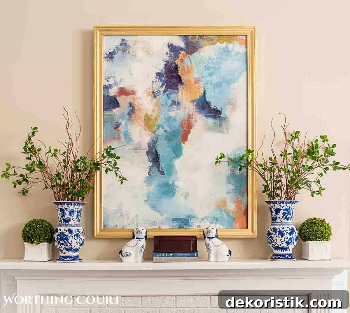 abstract art and spring decor on a white mantel