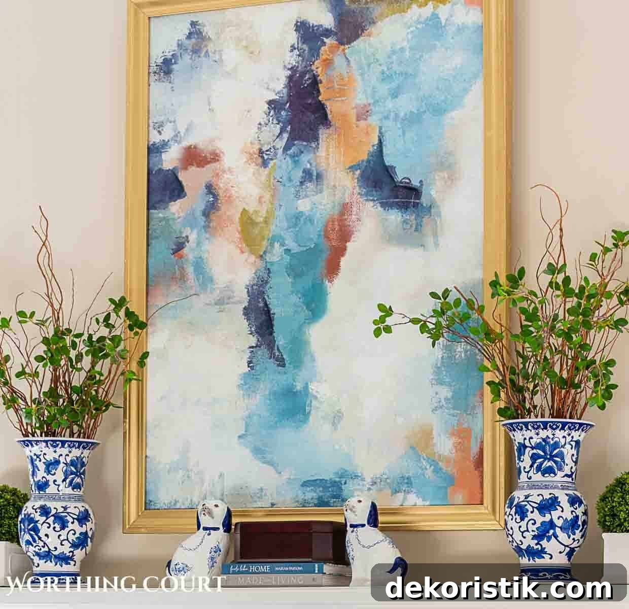 mantel decorated with abstract wall art above it