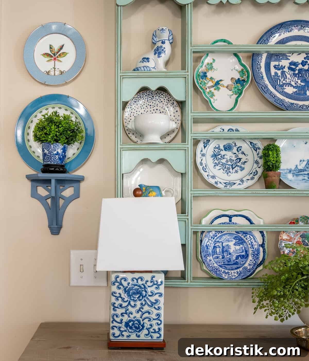 breakfast room plate rack decorated for spring