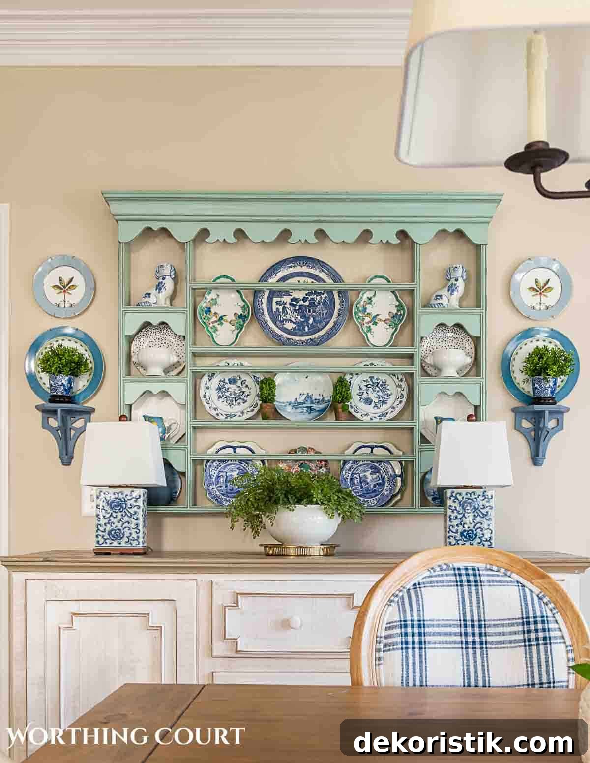 spring breakfast nook with blue and white accessories and cottage style furnishings