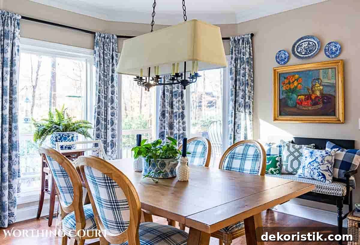 spring breakfast nook with blue and white accessories and cottage style furnishings