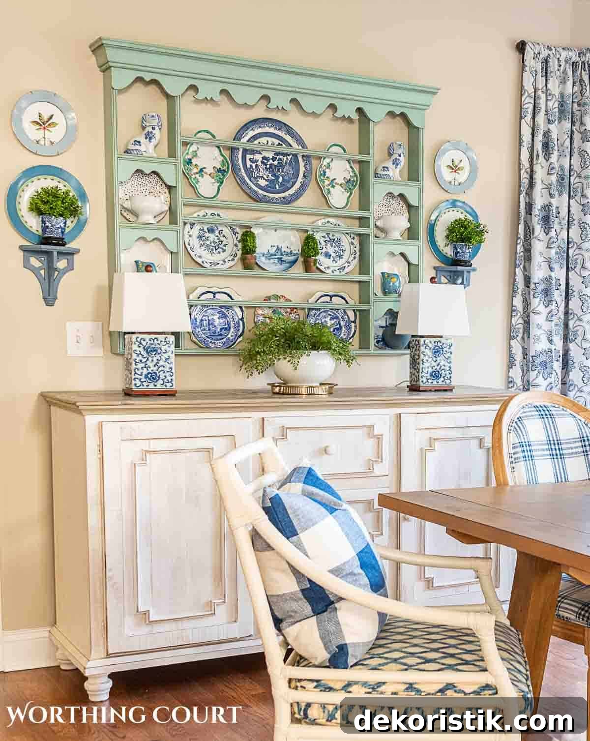 spring breakfast nook with blue and white accessories and cottage style furnishings