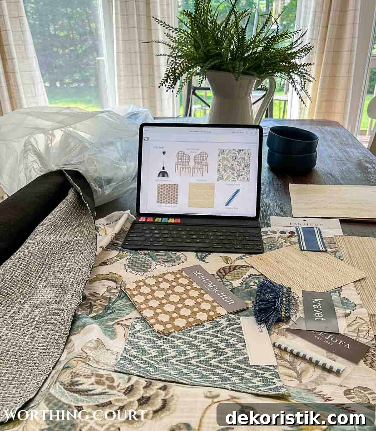 fabric swatches laid out on a table by hired interior designer