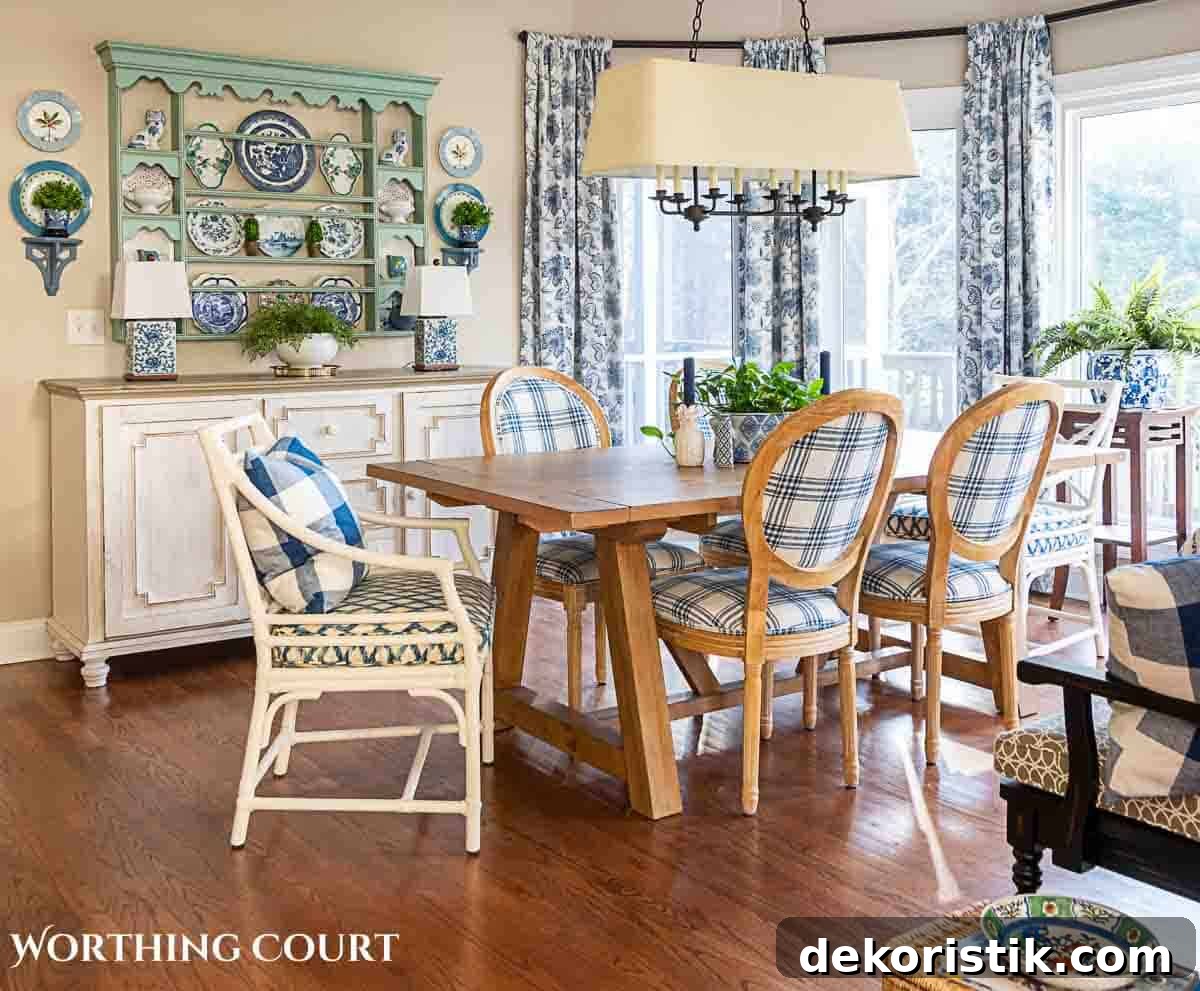 spring breakfast nook with blue and white accessories and cottage style furnishings