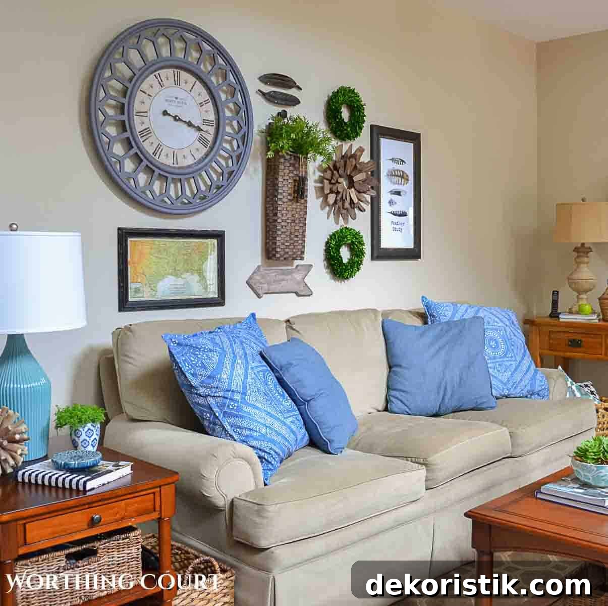 Stylish Living Room Wall Decor Ideas to Transform Your Space 4 beige sofa with blue pillows and gallery wall decor