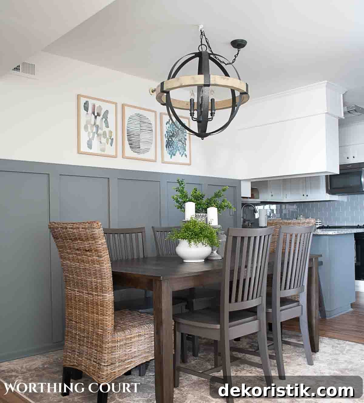 Coastal Home Decor Ideas to Transform Any Room 13 orb shaped chandelier above a gray dining table with wicker head chairs in a beach condo