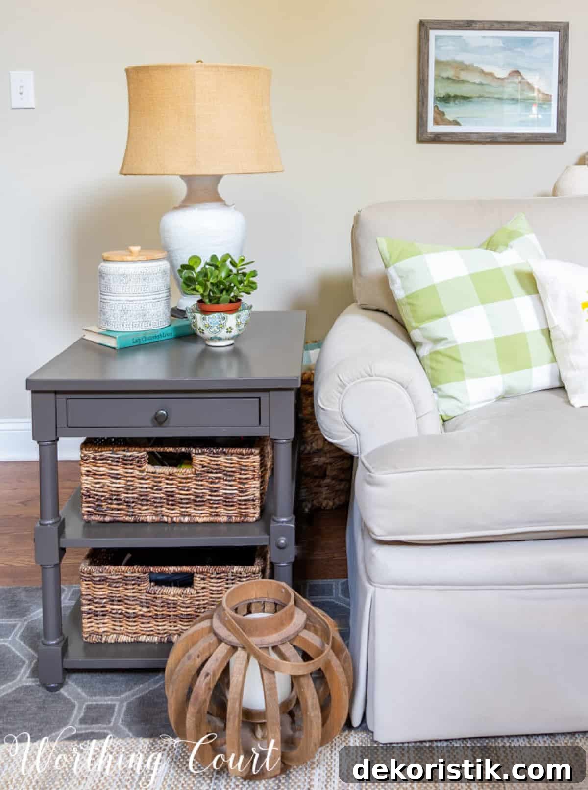 Coastal Home Decor Ideas to Transform Any Room 7 gray end table with baskets on shelves that give off a coastal style vibe