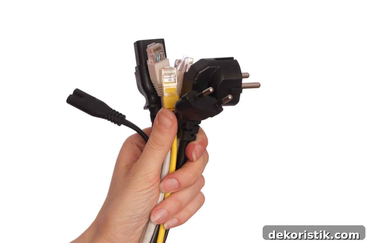 several types of electric cords in a person's hand