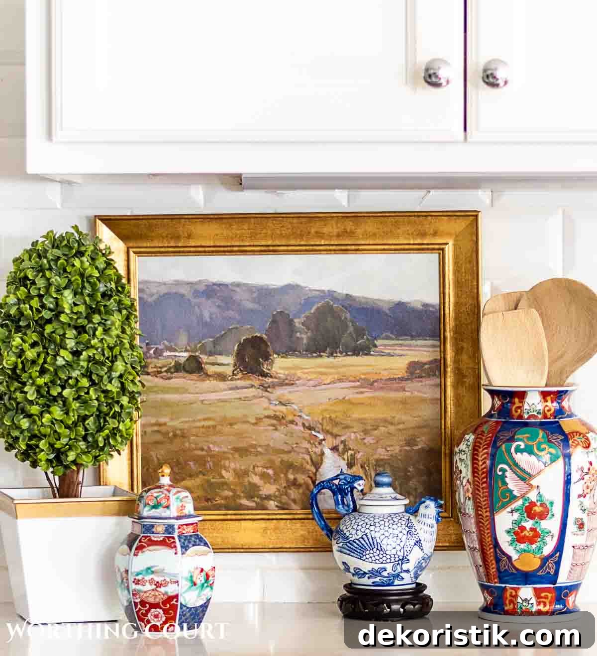 late summer kitchen counter vignette with chinoiserie accessories