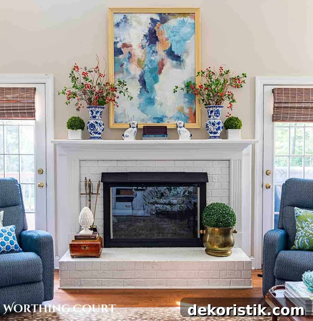 late summer chinoiseries accessories on a fireplace mantel and hearth