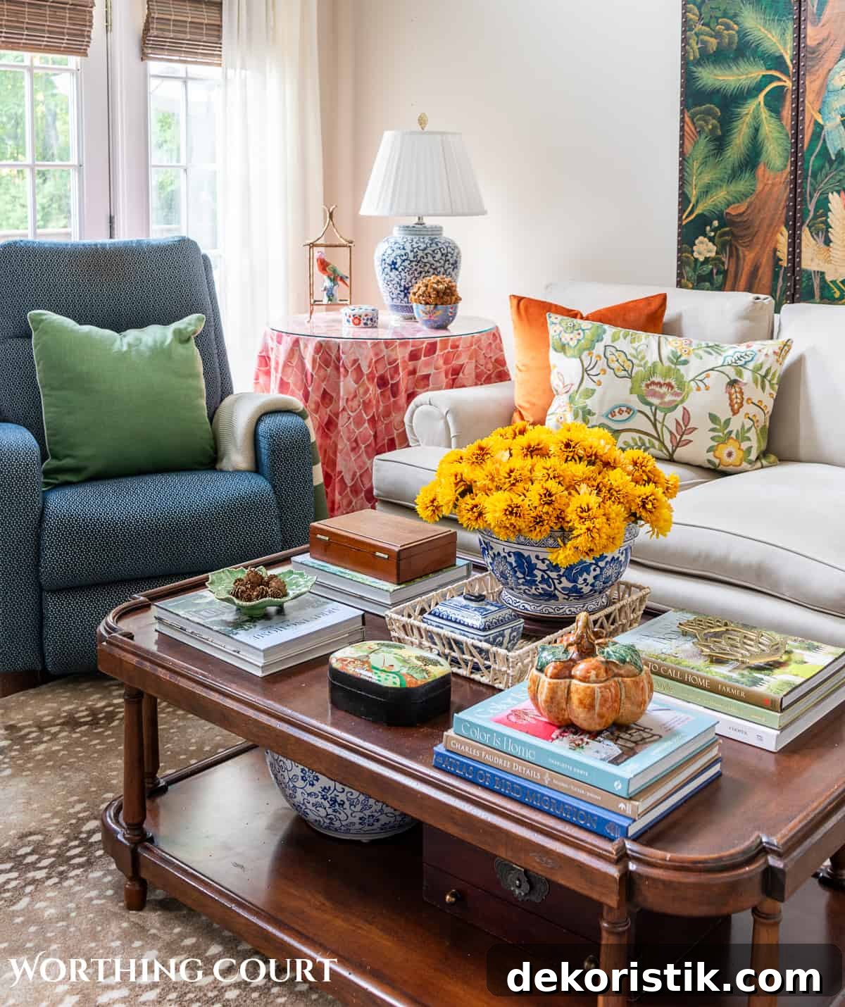 coffee table with books and fall decorations