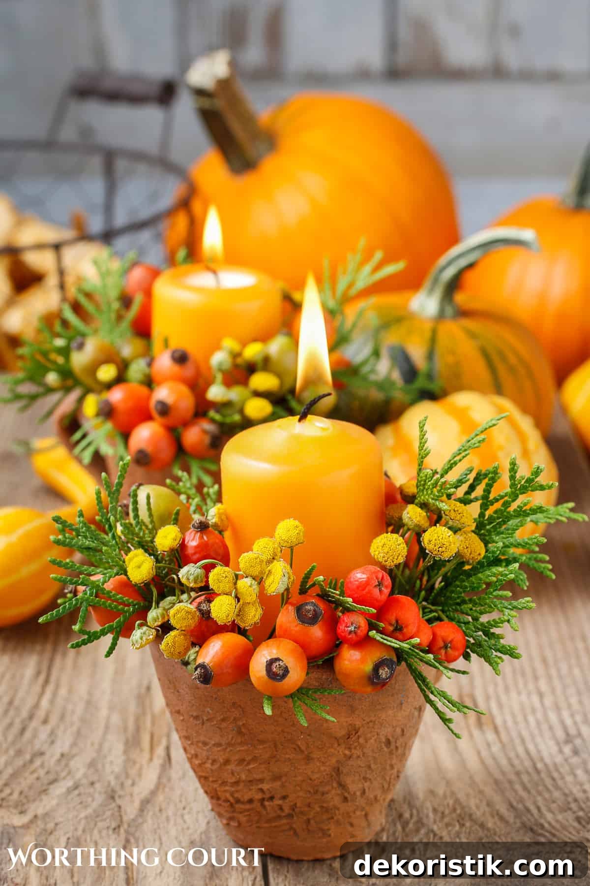 picture of fall candle, pumpkins and berries