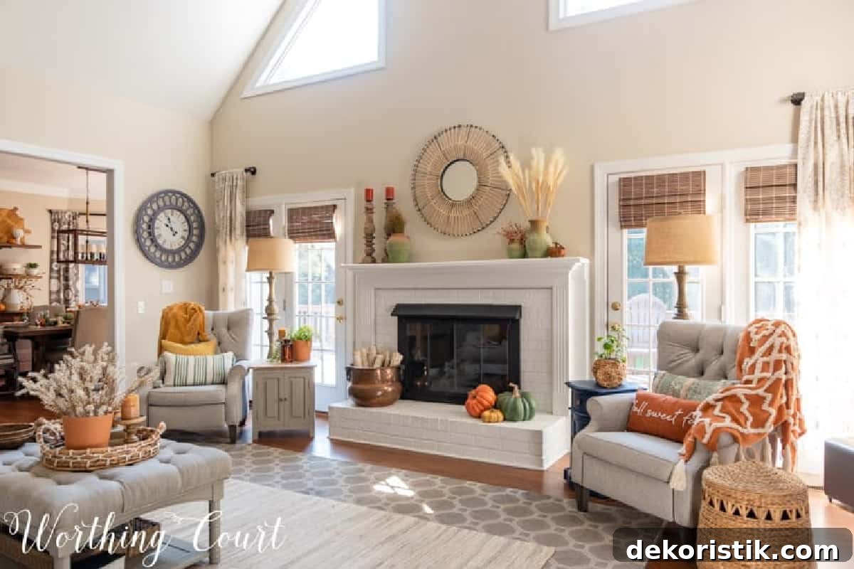fall decorations on a white brink fireplace and mantel