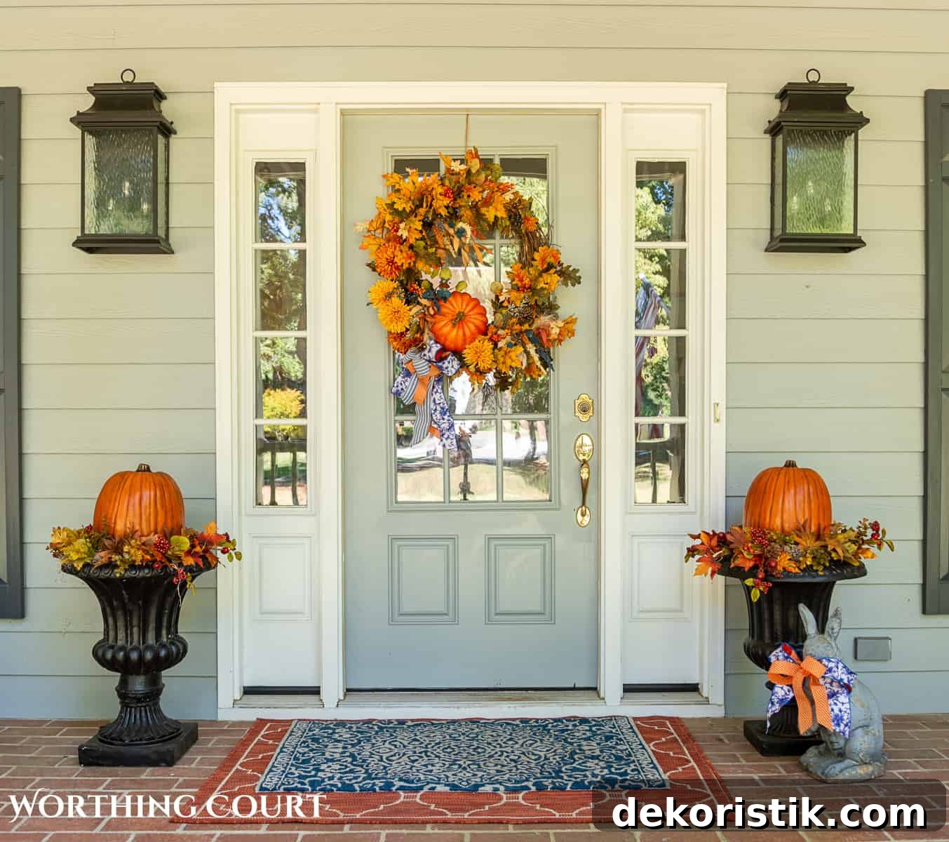 Gray front door on a large front porch with fall wreath flanked by two planters with fall decorations and large pumpkins