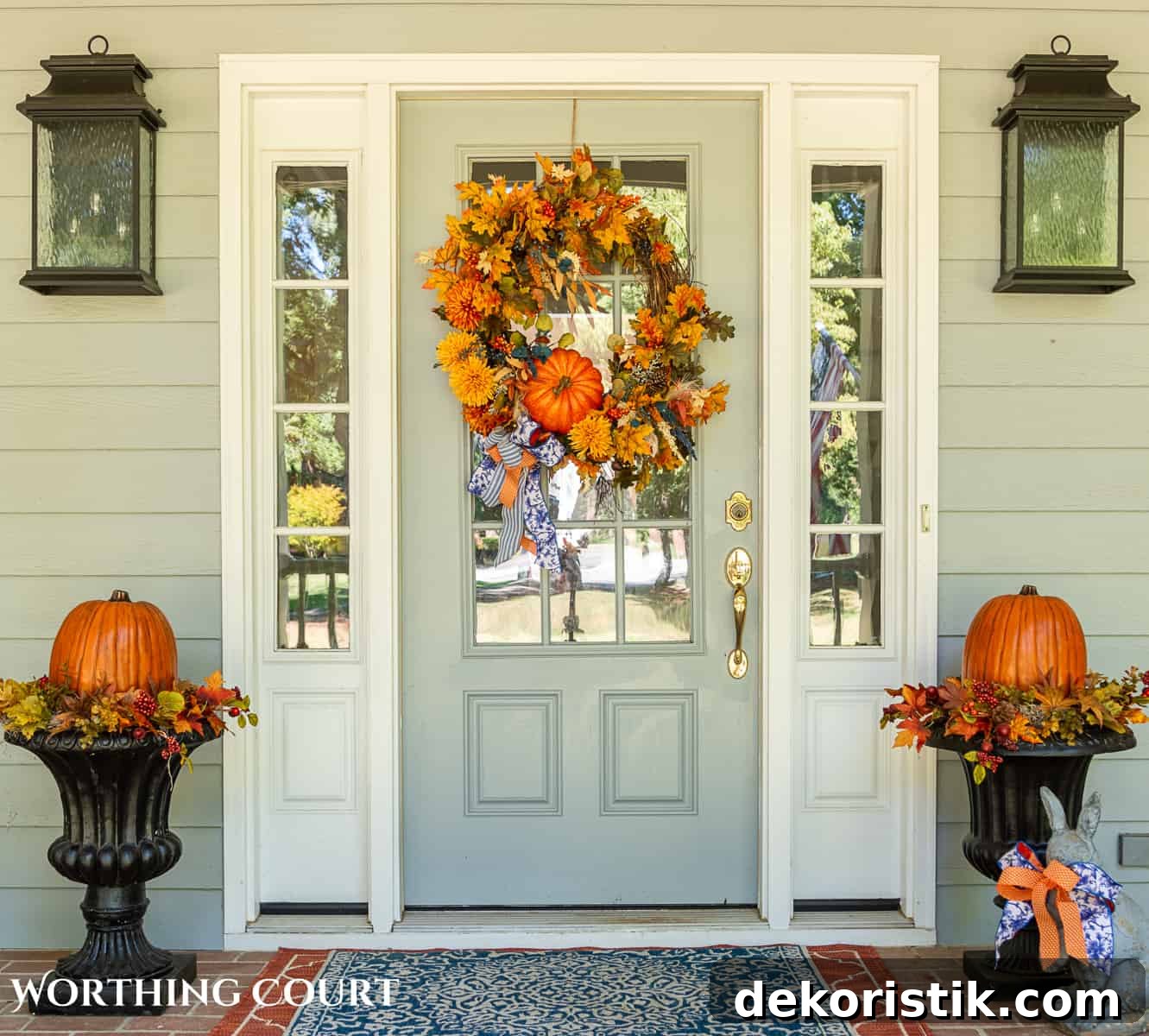 Gray front door on a large front porch with fall wreath flanked by two planters with fall decorations and large pumpkins