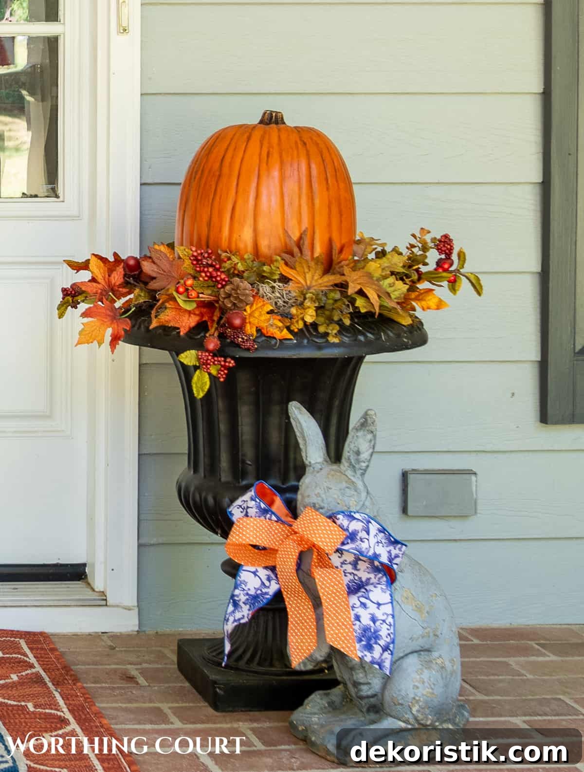 large pumpkin in a planter surrounded with fall picks on a large front porch decorated for fall