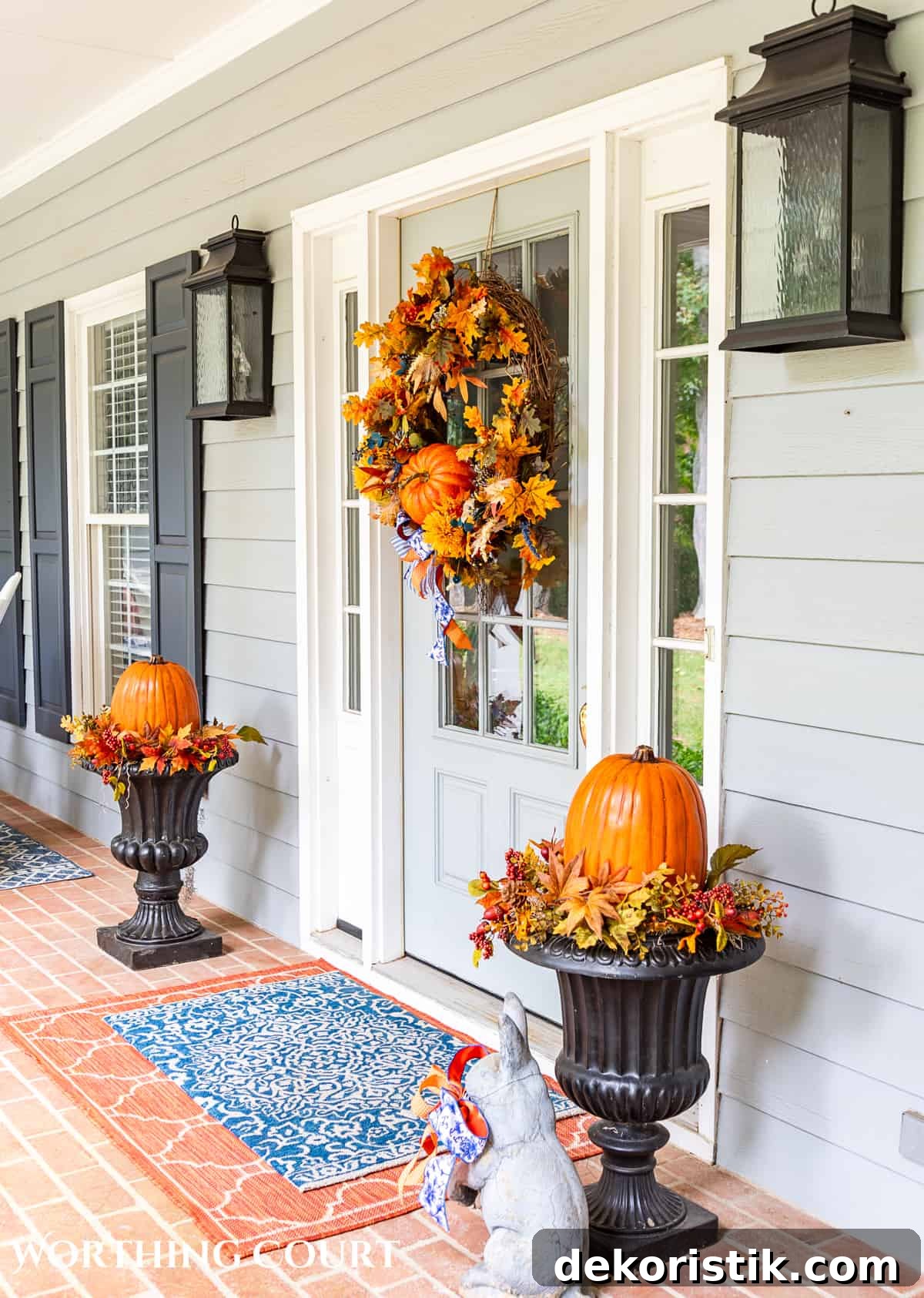 Gray front door on a large front porch with fall wreath flanked by two planters with fall decorations and large pumpkins